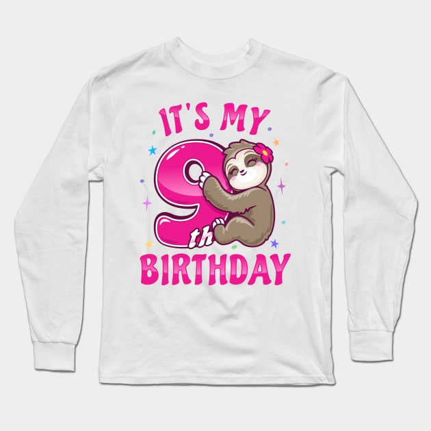 ''It's My 9th Birthday'' Girls Sloth Pink Long Sleeve T-Shirt by PnJ
